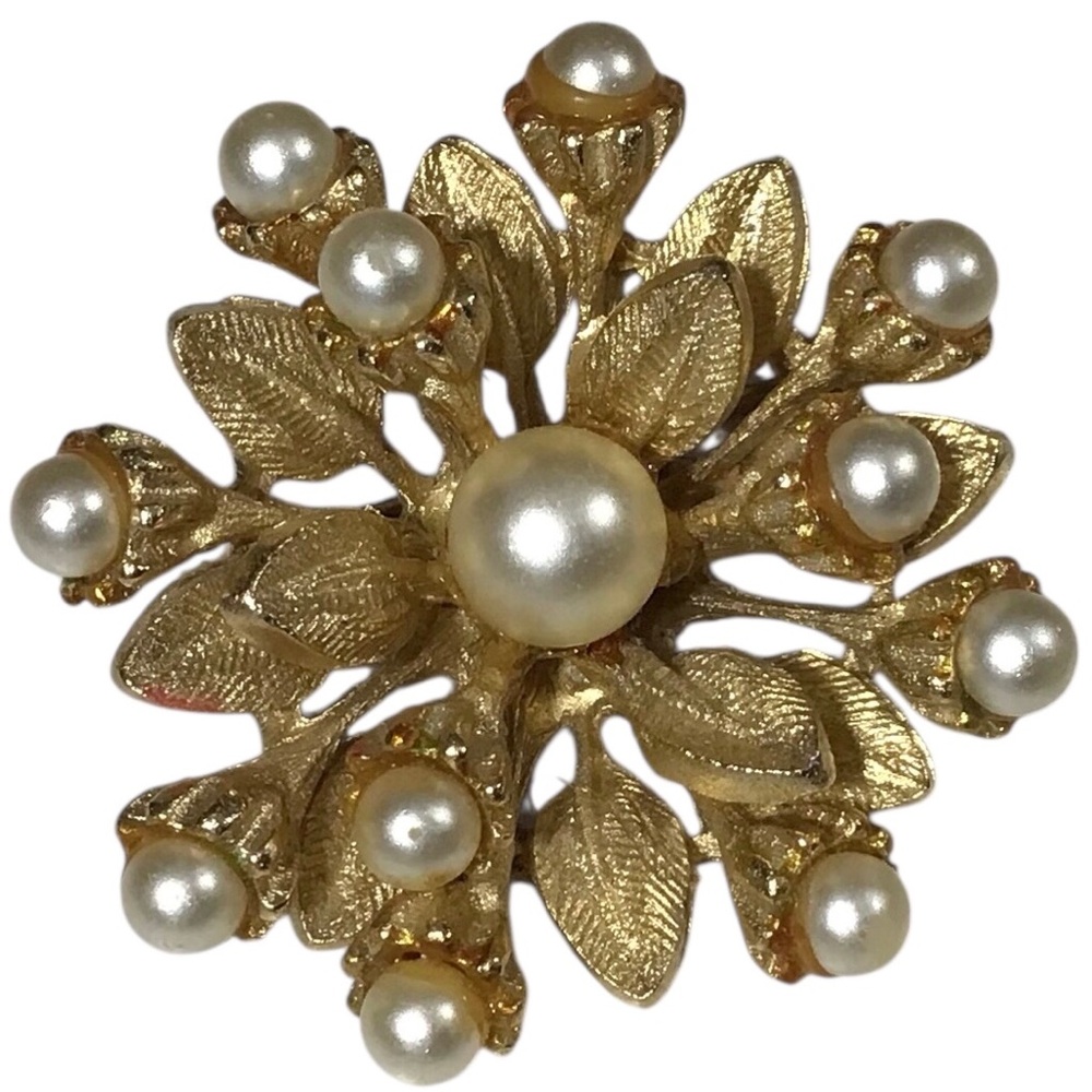 PAM Brooch Gold Tone Flower Faux Pearls Signed